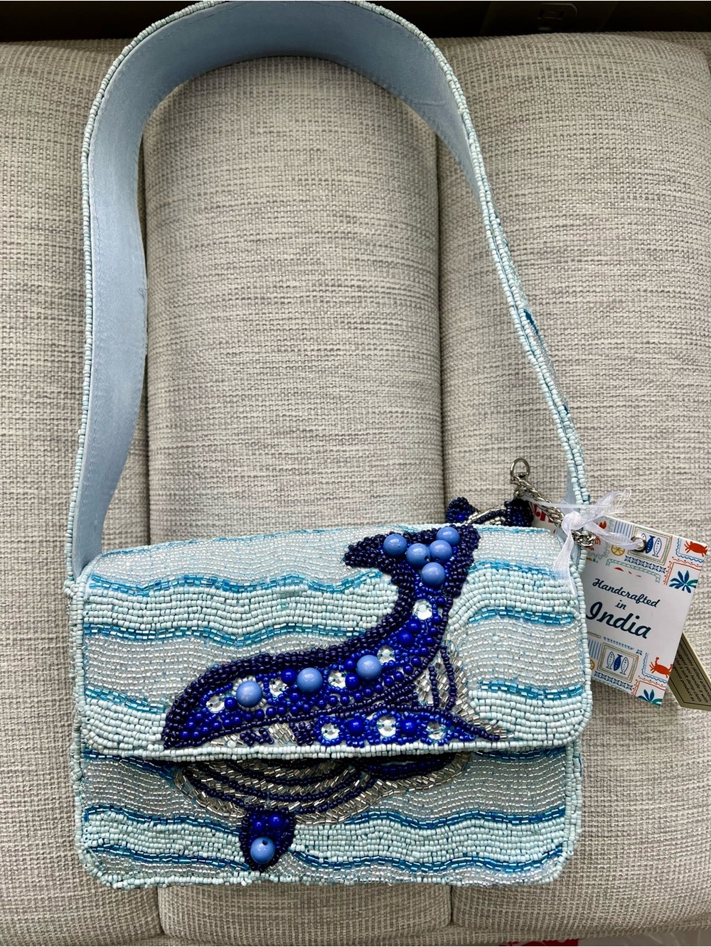 NWT Blue Whale Beaded Shoulder Bag with WHALE CHARM Handcrafted in India
